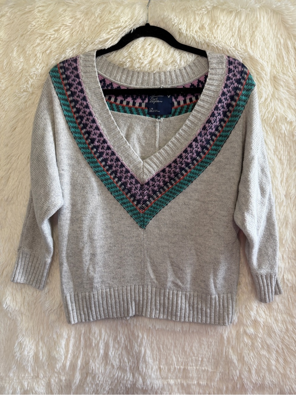 American Eagle Womens Y2K Wool Blend Knit Sweater L Grey Vtg Preppy Academia